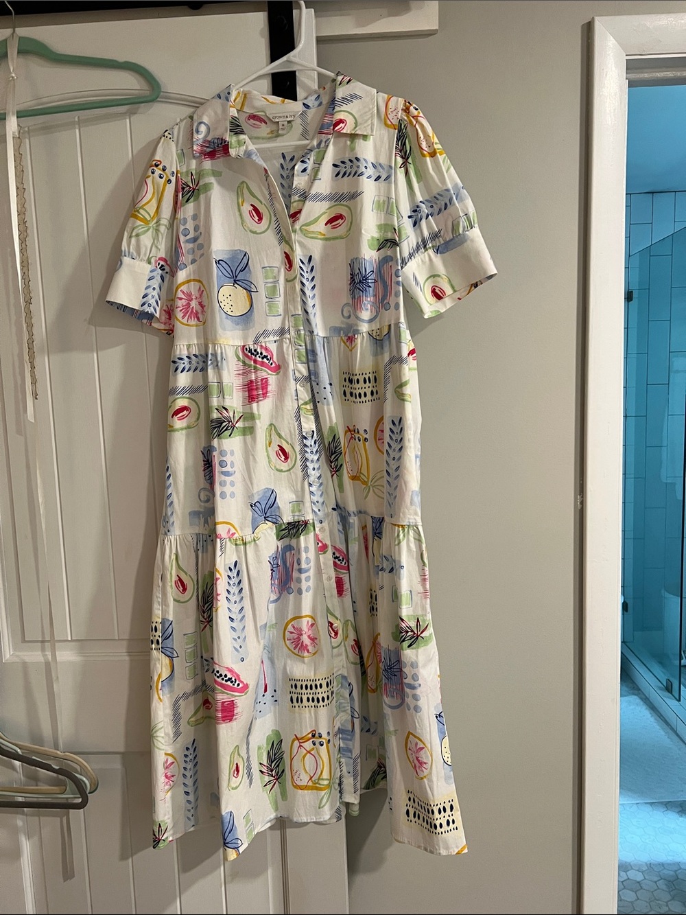 crown & ivy White Midi Dress with Multicolor Fruit & Leaf Print